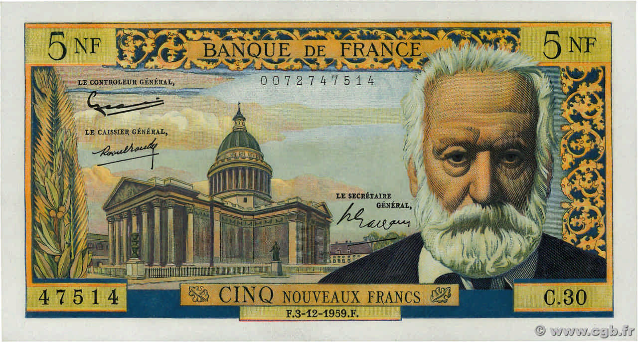 5 Nouveaux Francs VICTOR HUGO FRANCIA  1959 F.56.04 SC