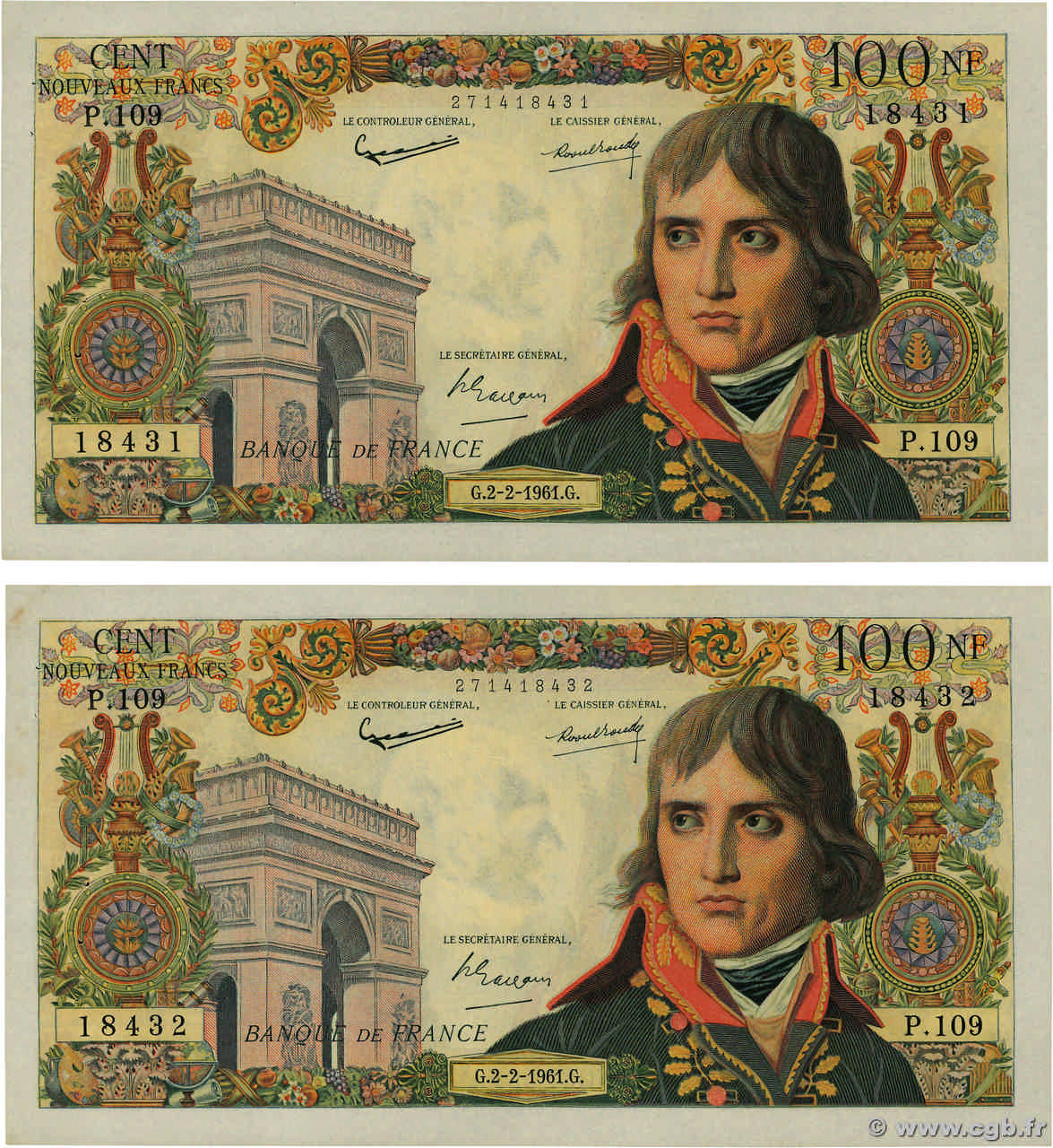100 Nouveaux Francs BONAPARTE Consécutifs FRANCIA  1961 F.59.10 EBC