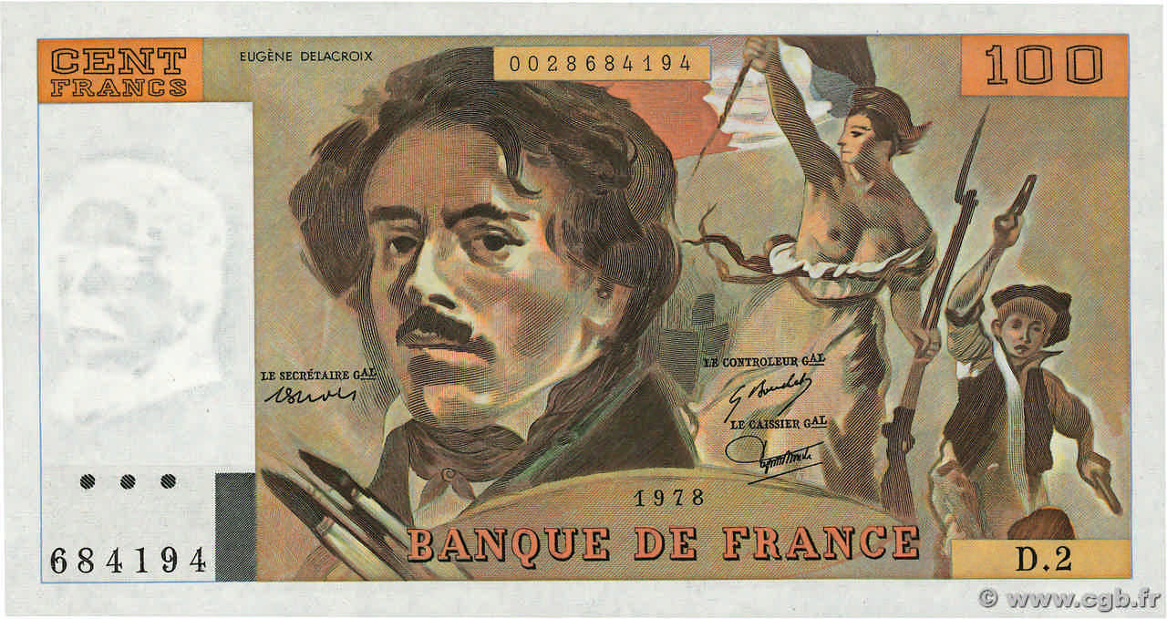 100 Francs DELACROIX FRANCE  1978 F.68.02 AU+