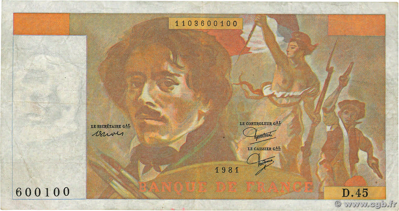 100 Francs DELACROIX modifié Fauté FRANCE  1981 F.69.05 VF