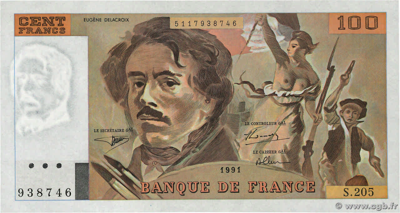100 Francs DELACROIX imprimé en continu Fauté FRANCIA  1991 F.69bis.04c q.FDC