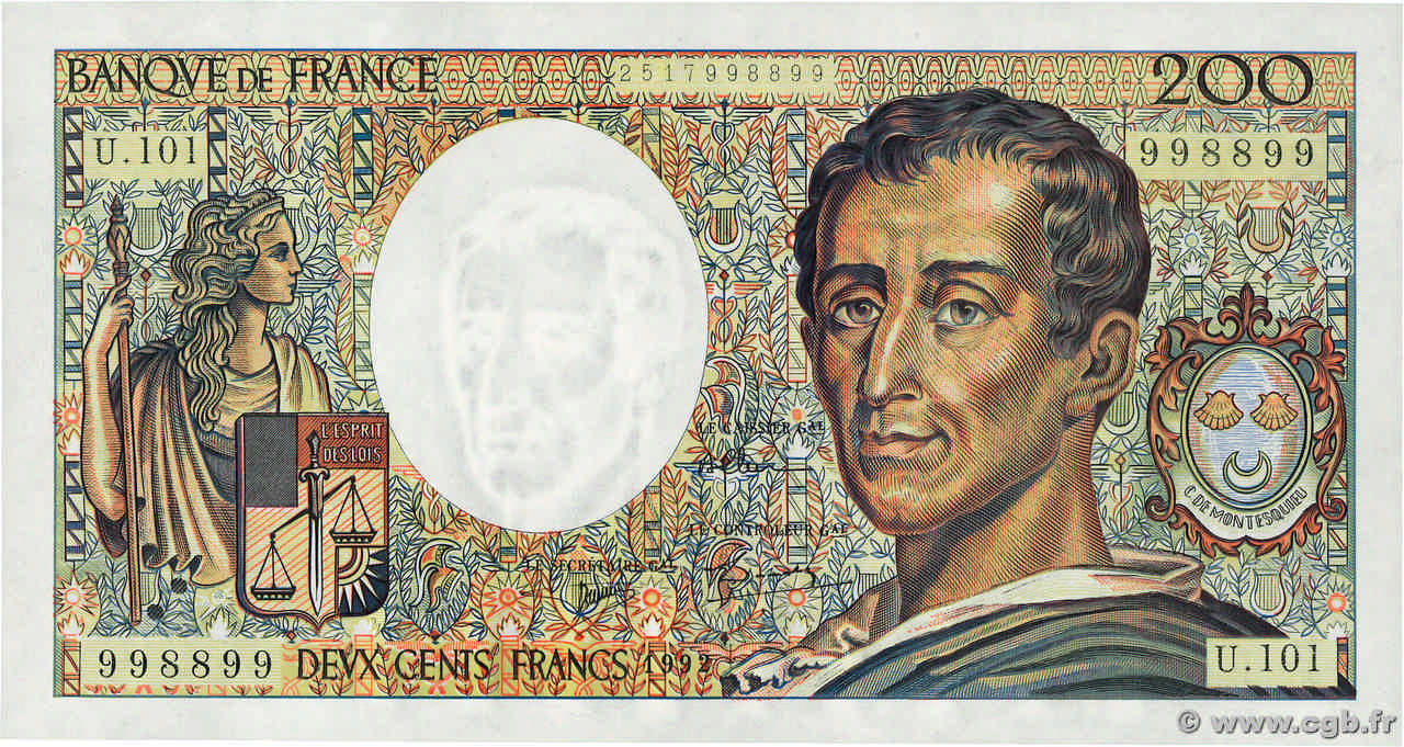 200 Francs MONTESQUIEU alphabet 101 Numéro radar FRANCE  1992 F.70bis.01 UNC