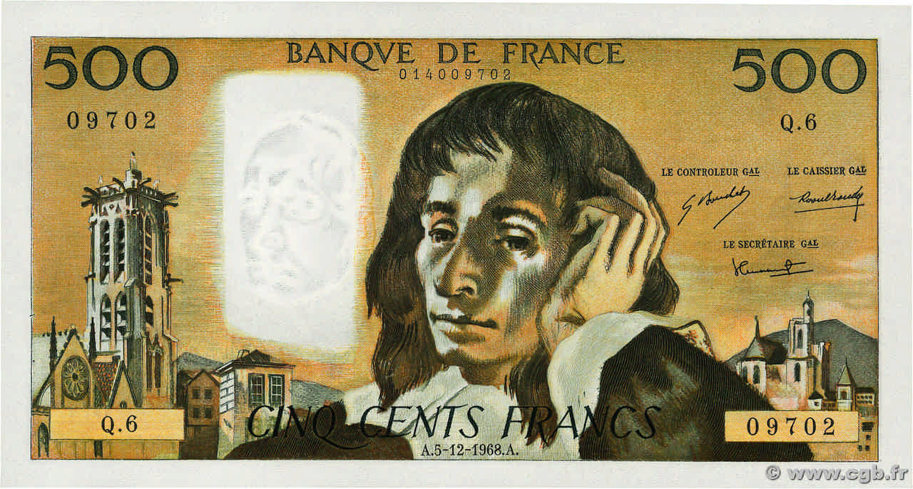 500 Francs PASCAL FRANCIA  1968 F.71.02 q.AU