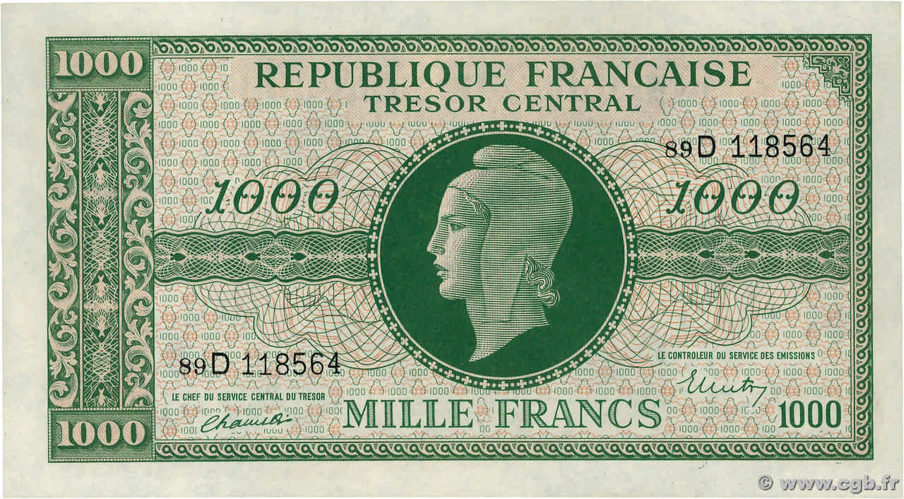 1000 Francs MARIANNE THOMAS DE LA RUE FRANKREICH  1945 VF.13.01 ST