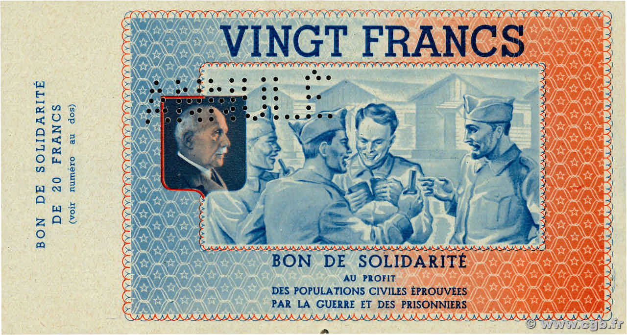 20 Francs BON DE SOLIDARITÉ Annulé FRANCE regionalism and miscellaneous  1941 KL.08Bs AU