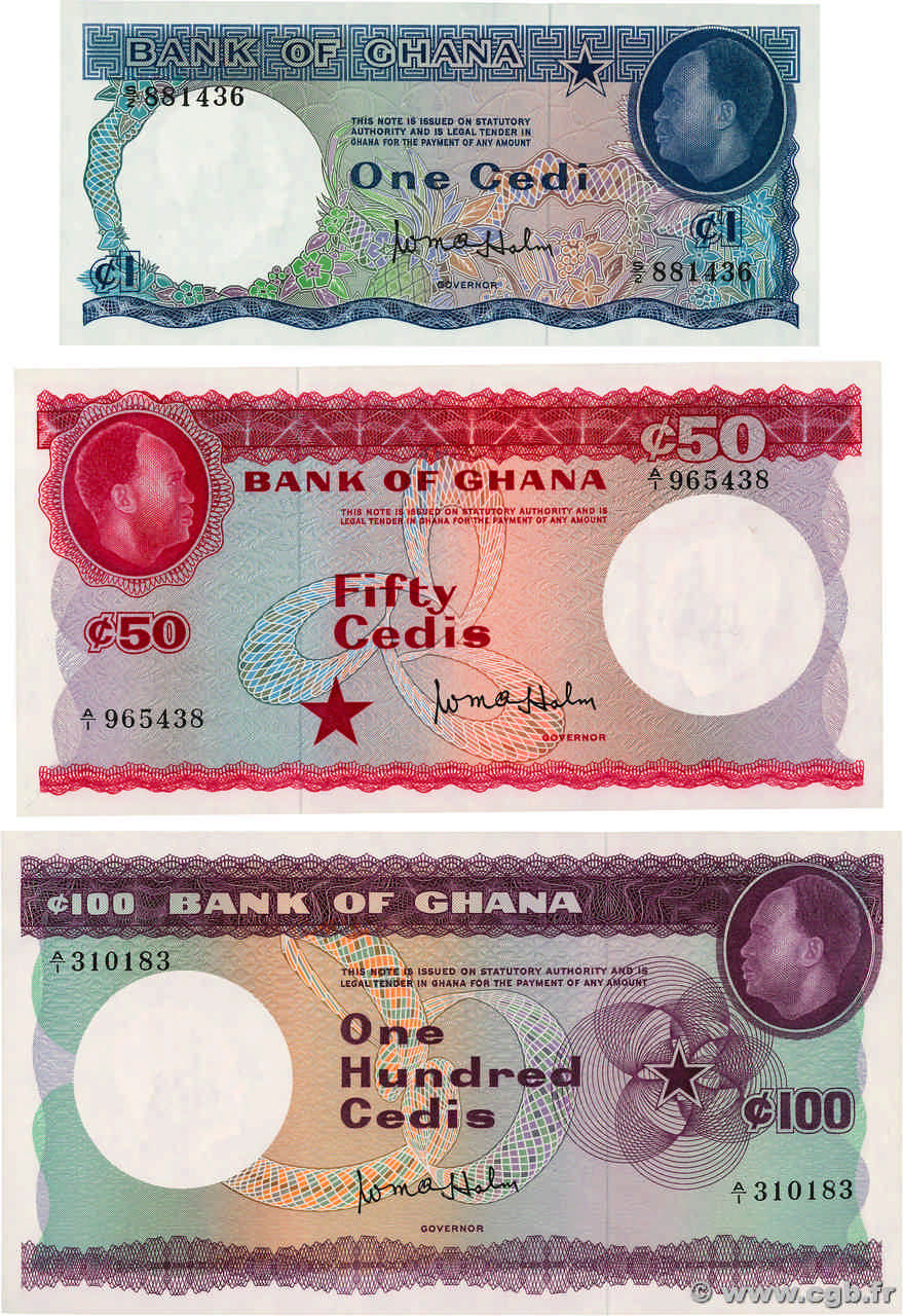 1000 Euro To Cedis 5, 50 et 100 Cedis Lot GHANA 1965 P.05a, P.08a et P.09a 4600673 Banknotes
