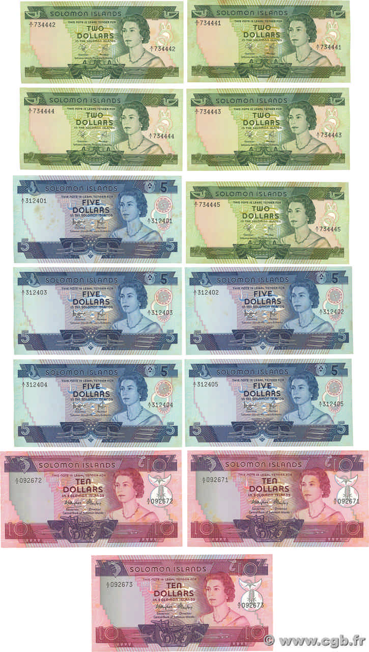 2, 5 et 10 Dollars Lot ISLAS SOLOMóN  1977 P.05a, P.06b et P.11 MBC a EBC