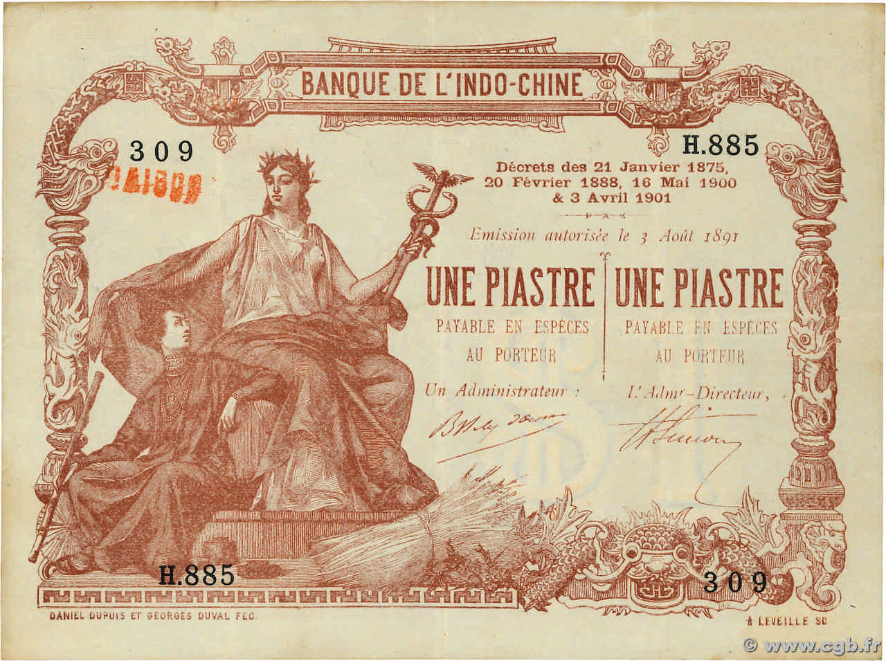 1 Piastre - 1 Piastre INDOCINA FRANCESE Saïgon 1909 P.034b BB