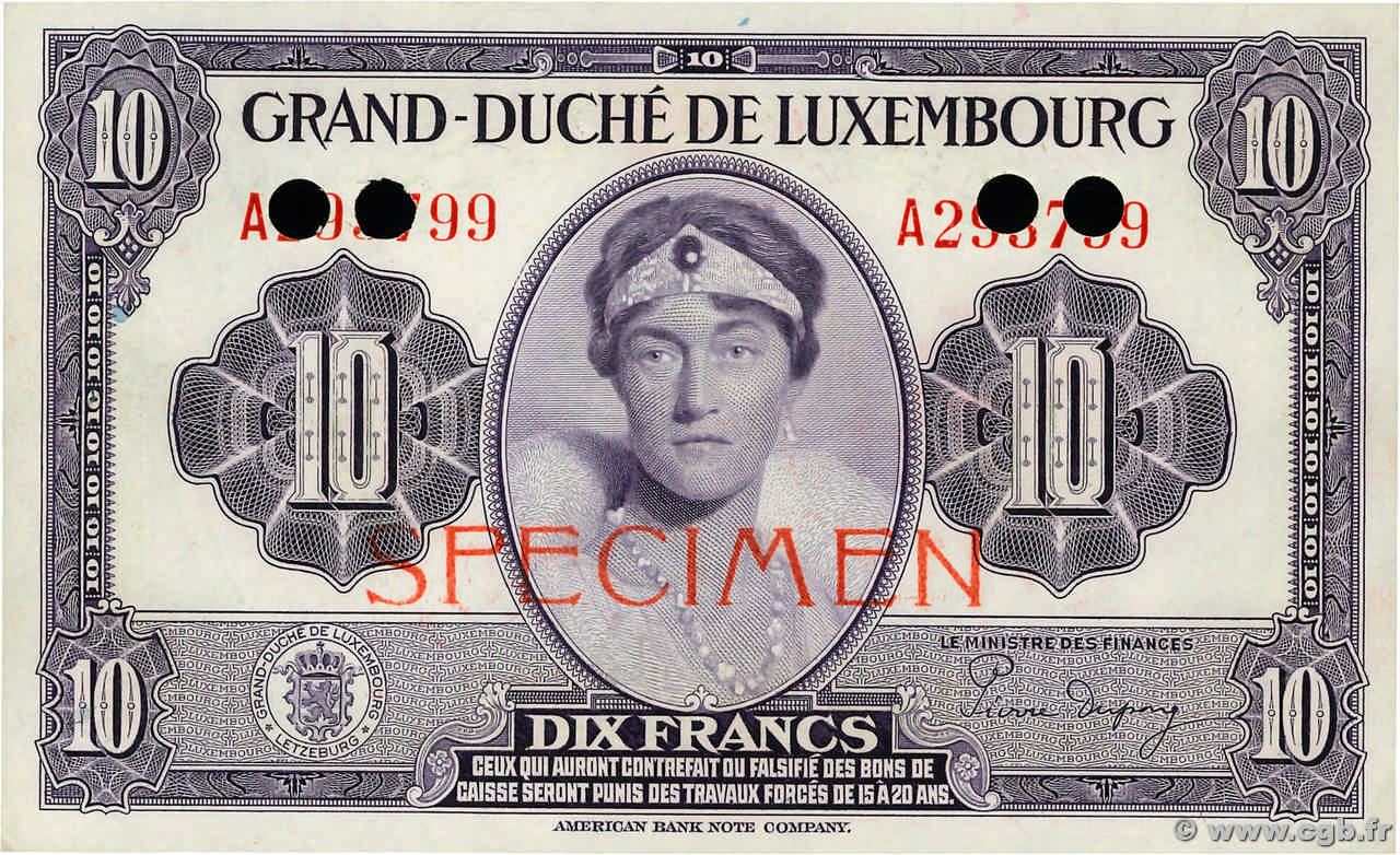 10 Francs Spécimen LUXEMBOURG  1944 P.44s UNC-