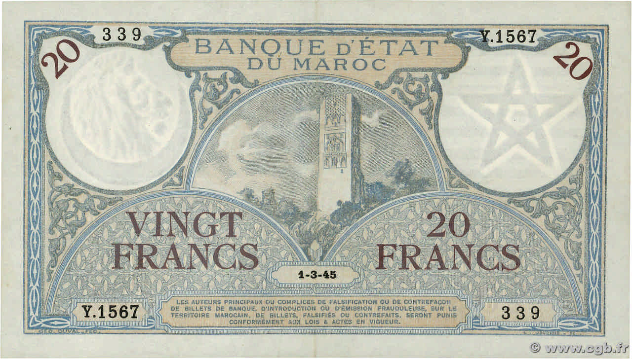 20 Francs MAROCCO  1945 P.18b q.SPL