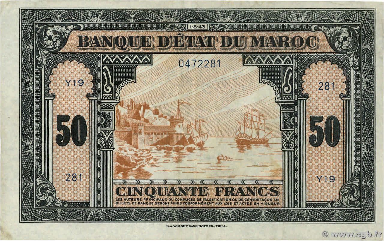 50 Francs MOROCCO  1943 P.26a XF
