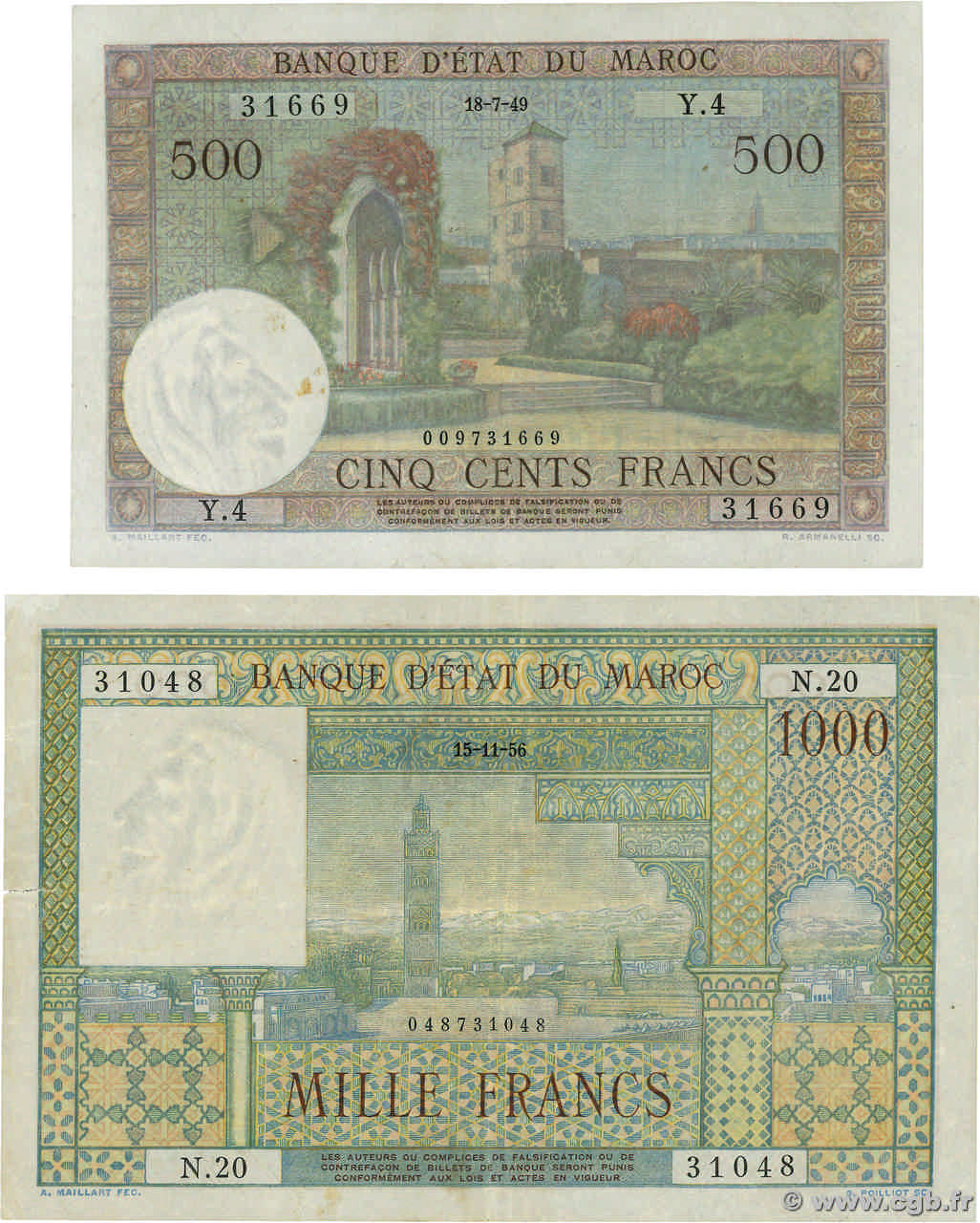 500 et 1000 Francs  Lot MARUECOS  1956 P.46 et P.47 MBC