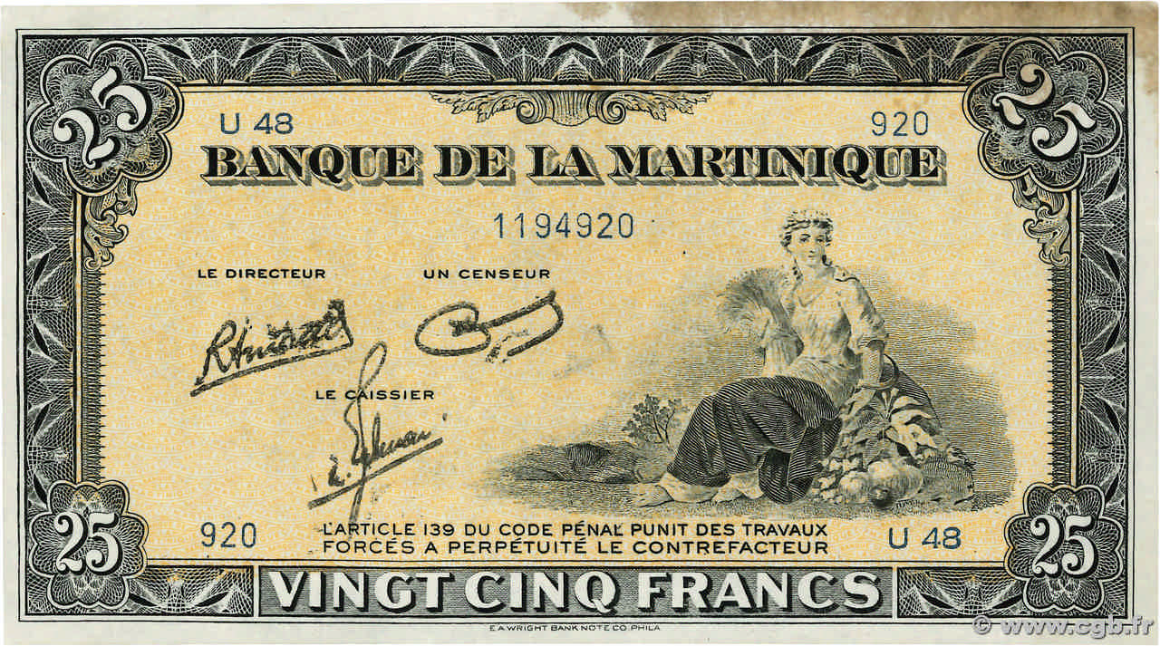 25 Francs MARTINIQUE  1943 P.17 fVZ