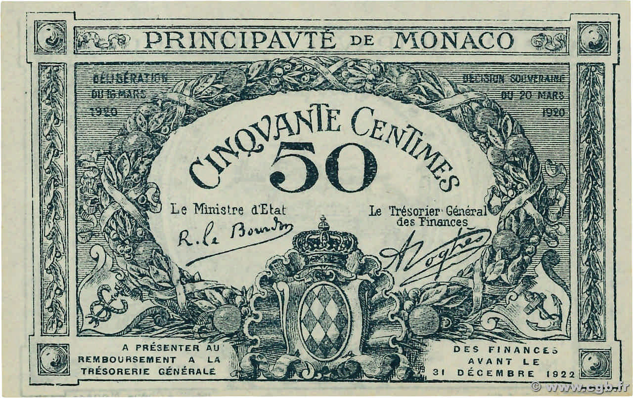 50 Centimes Spécimen MONACO  1920 P.03r pr.NEUF