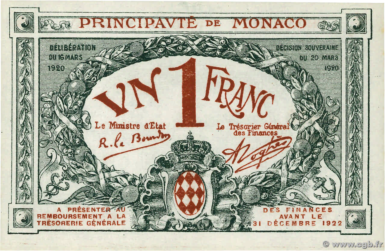 1 Franc Spécimen MONACO  1920 P.05s NEUF