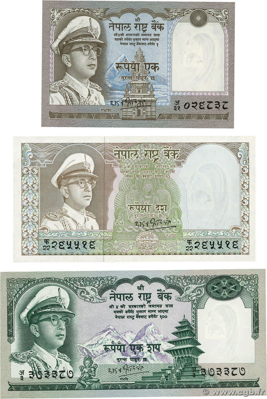 1, 10 et 100 Rupee Lot NÉPAL  1972 P.16, P.18 et P.19 NEUF