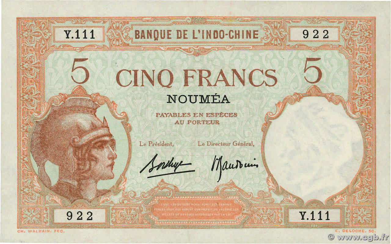 5 Francs NEW CALEDONIA  1936 P.36b AU