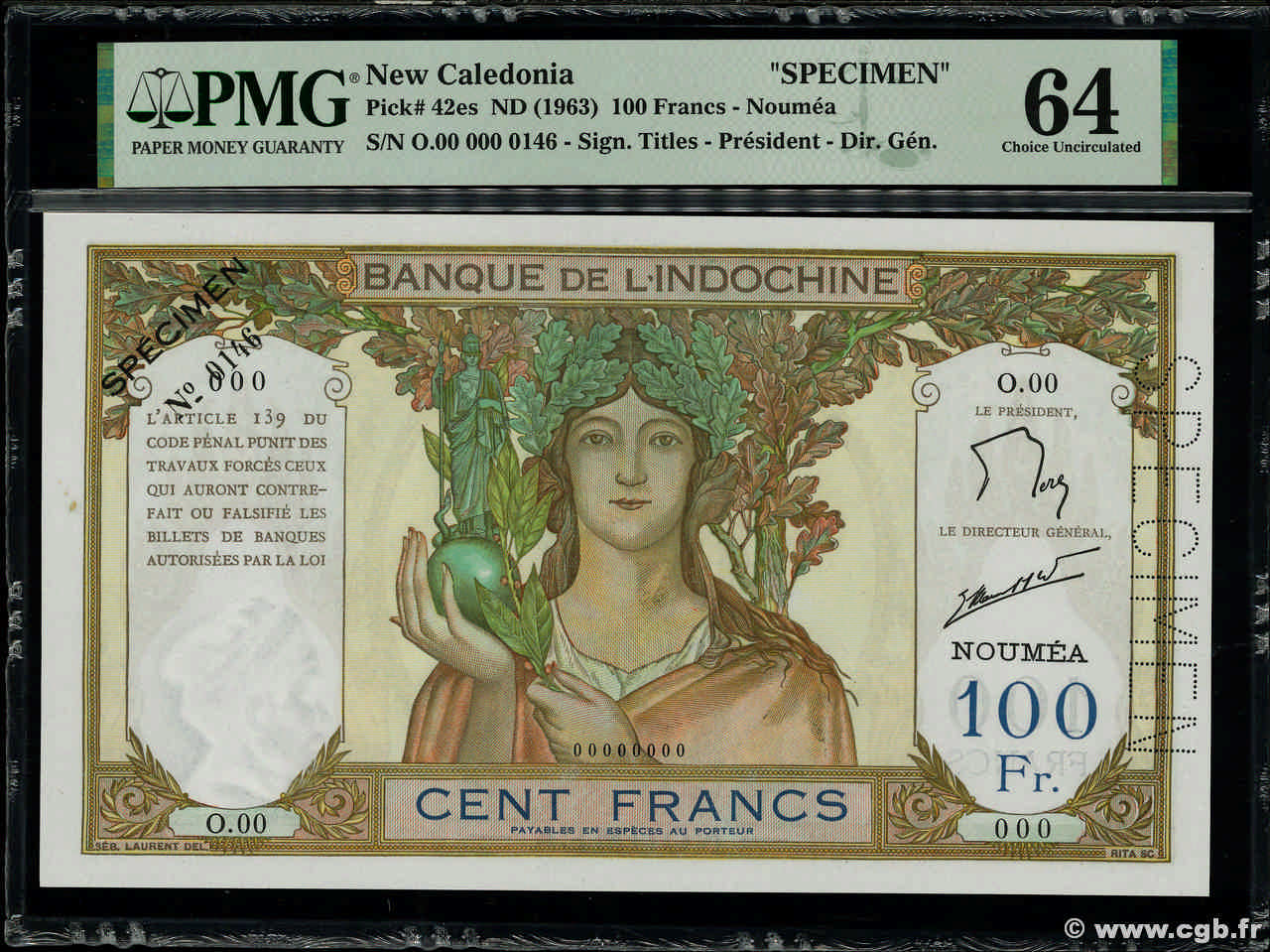 100 Francs Spécimen NOUVELLE CALÉDONIE  1963 P.42es fST+