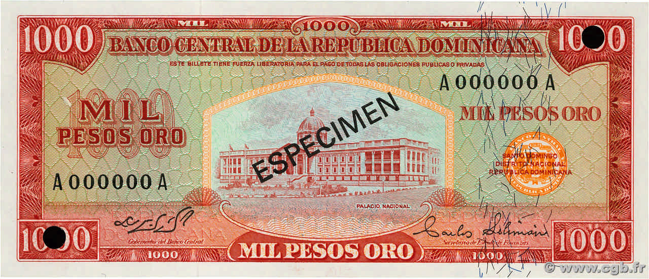 1000 Pesos Oro Spécimen RÉPUBLIQUE DOMINICAINE  1964 P.106s1 UNC