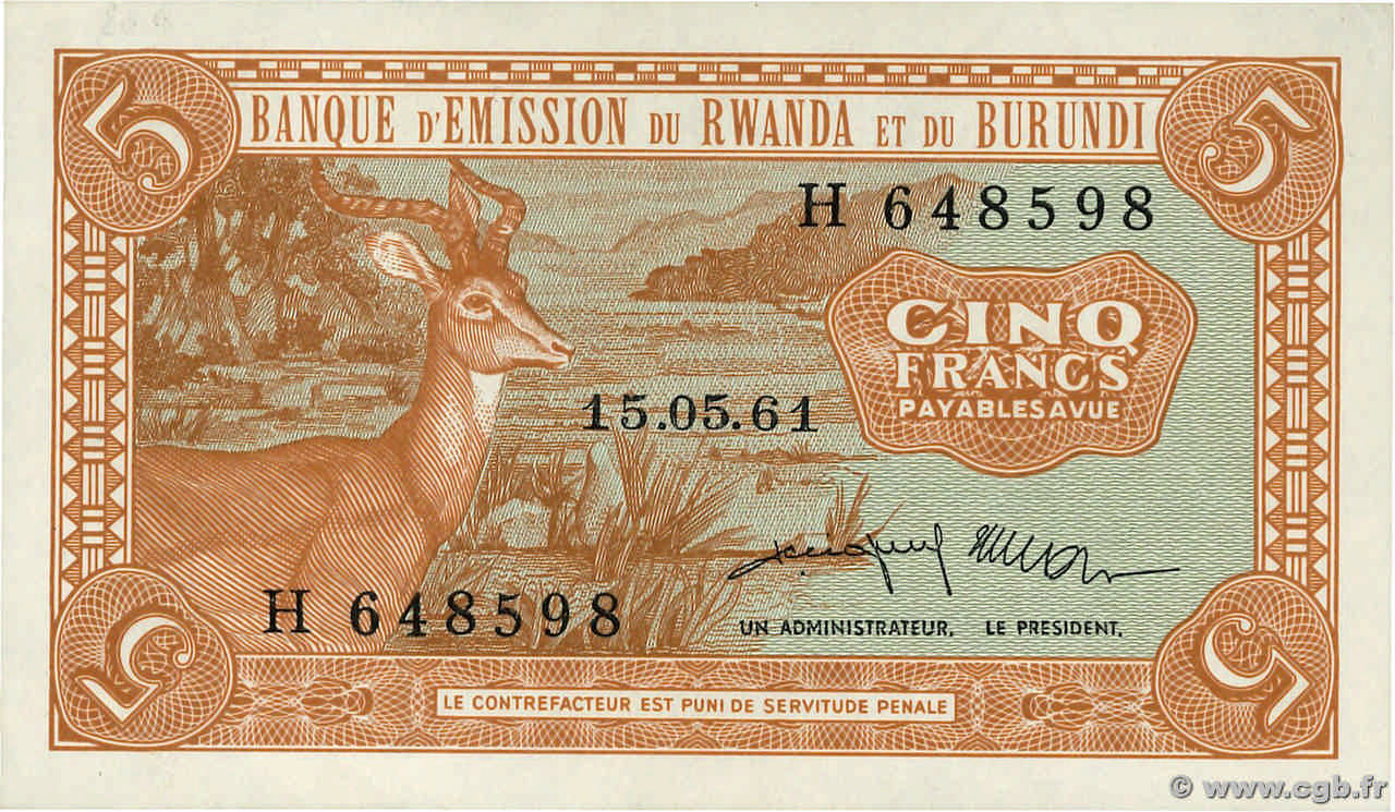 5 Francs RWANDA BURUNDI  1961 P.01a VF+
