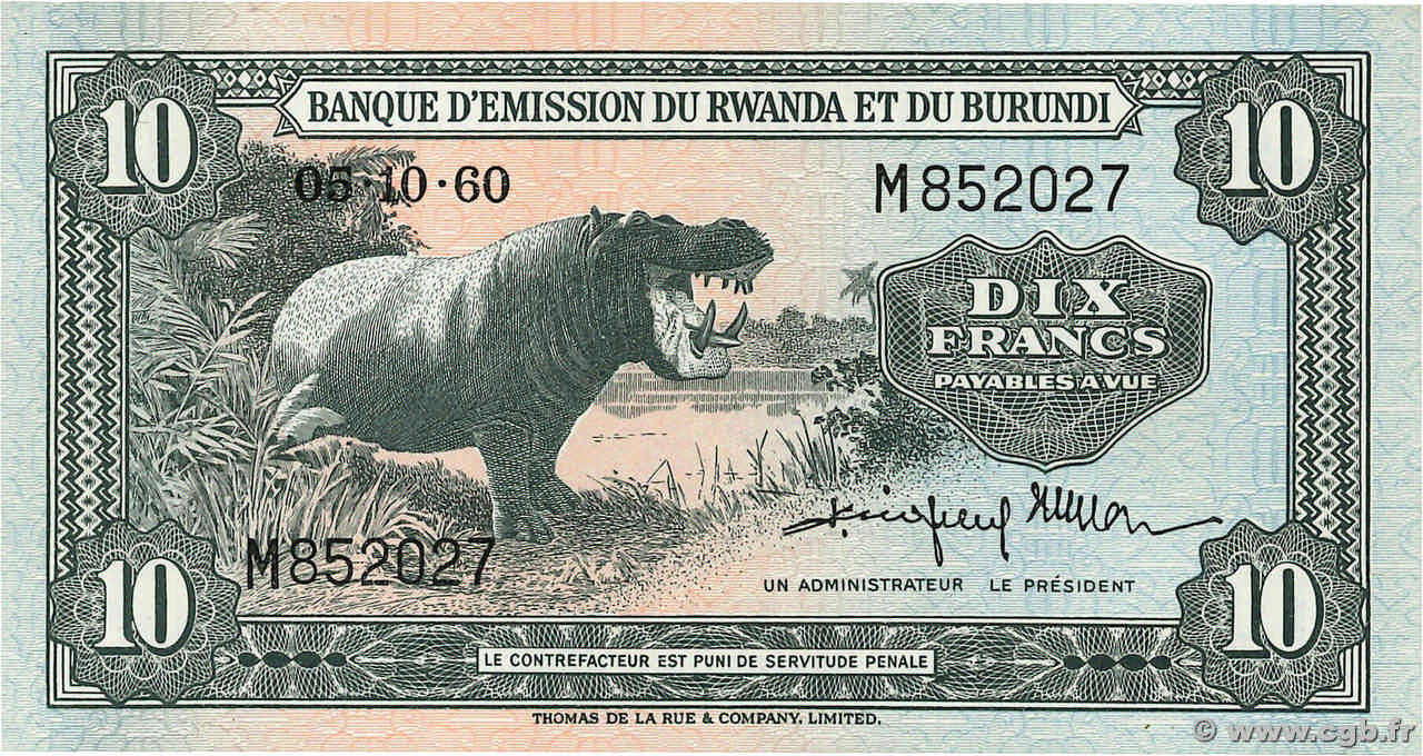 10 Francs RWANDA BURUNDI  1960 P.02a q.AU