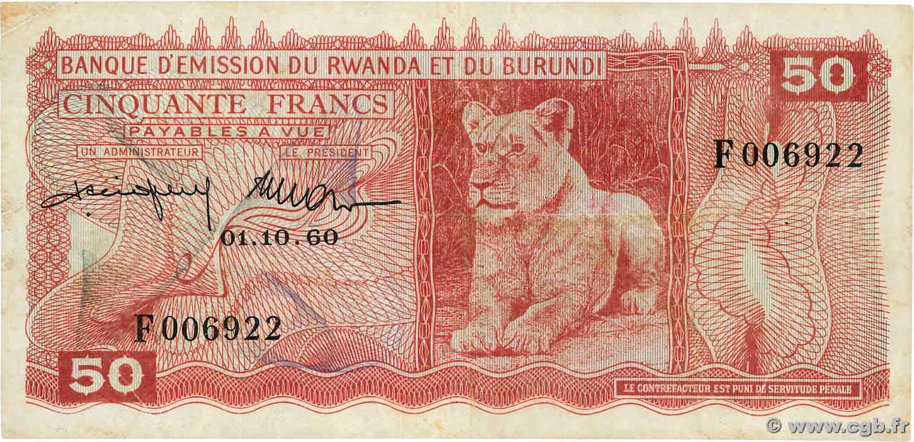 50 Francs RWANDA BURUNDI  1960 P.04 TB