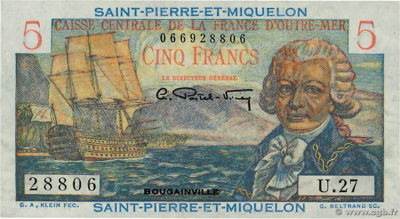 5 Francs Bougainville SAN PEDRO Y MIGUELóN  1946 P.22 FDC