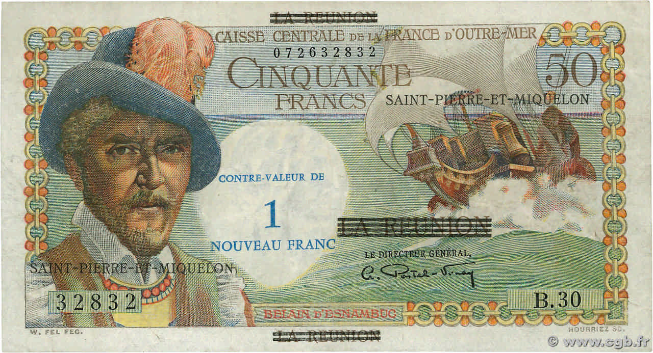 1 NF sur 50 Francs Belain d Esnambuc Numéro spécial SAINT PIERRE E MIQUELON  1960 P.30b BB
