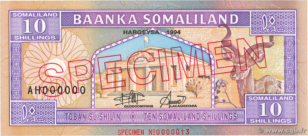 10 Shillings / 10 Shilin Spécimen SOMALILAND  1994 P.02as FDC