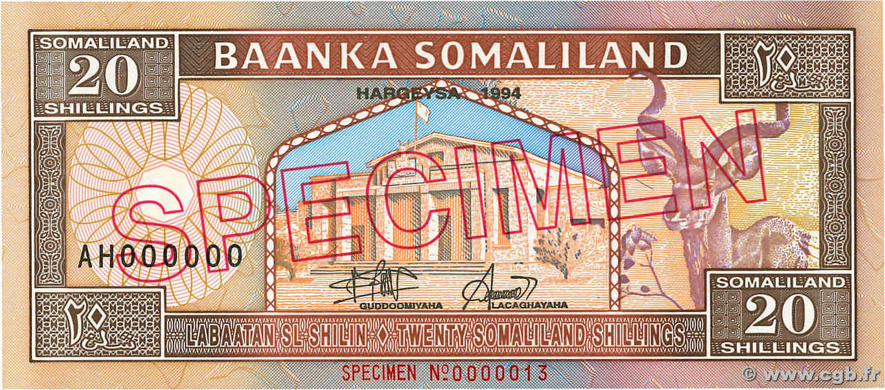 20 Shillings / 20 Shilin Spécimen SOMALILANDIA  1994 P.03as FDC