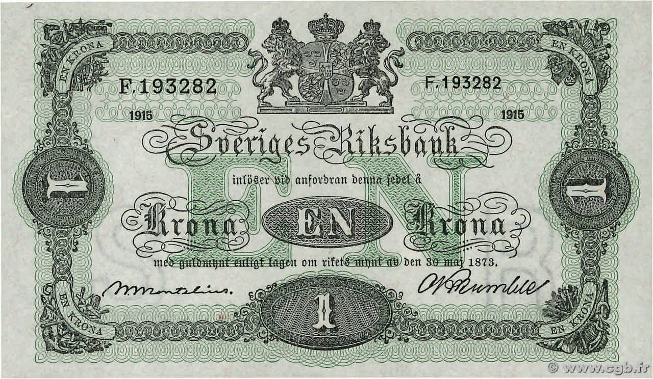 1 Krona SWEDEN  1915 P.32b AU+