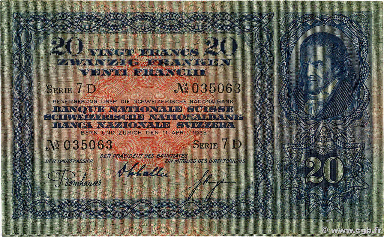 20 Francs SWITZERLAND  1938 P.39h VF