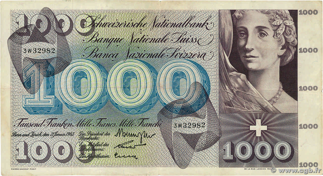 1000 Francs SUISSE  1965 P.52g q.BB