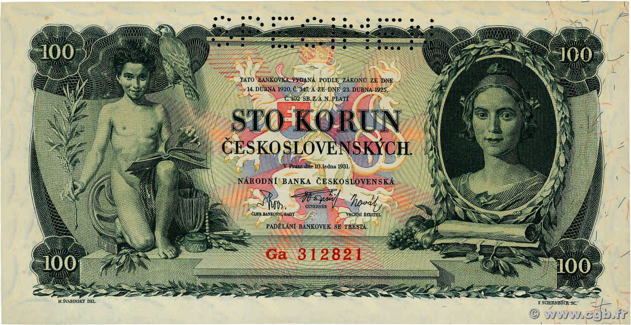100 Korun Spécimen TCHÉCOSLOVAQUIE  1931 P.023s pr.NEUF