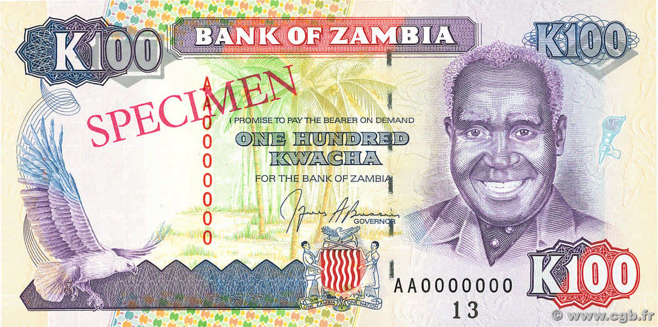 100 Kwacha Spécimen SAMBIA  1991 P.34s ST