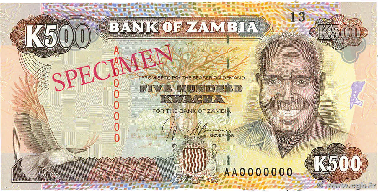 500 Kwacha Spécimen ZAMBIE  1991 P.35s NEUF