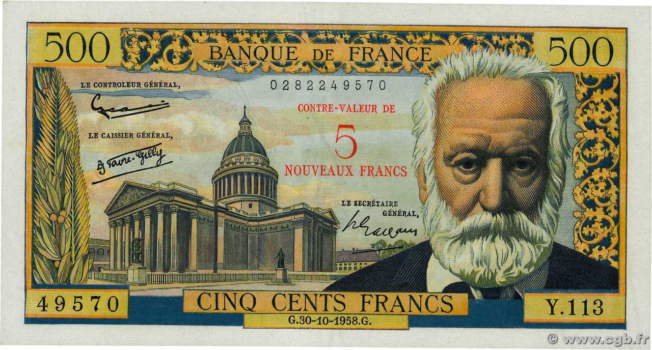 5 NF sur 500 Francs Victor HUGO FRANCE  1958 F.52.01 XF+