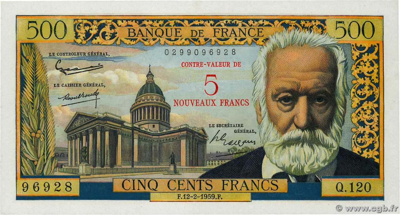 5 NF sur 500 Francs Victor HUGO FRANKREICH  1959 F.52.02 fST+