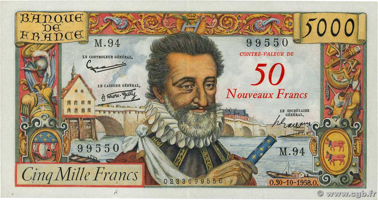50 NF sur 5000 Francs HENRI IV FRANCE  1958 F.54.01 SUP