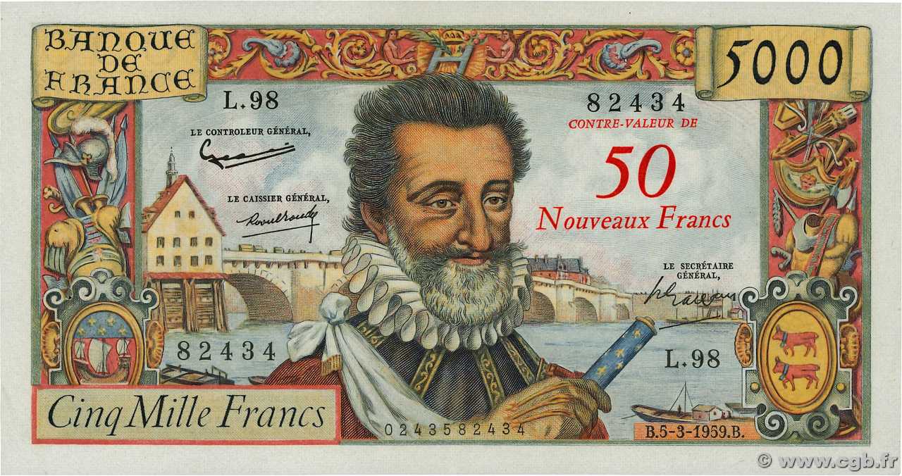 50 NF sur 5000 Francs HENRI IV FRANCE  1959 F.54.02 SUP+