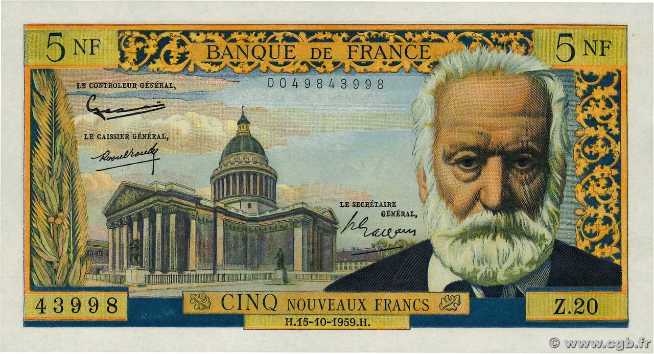 5 Nouveaux Francs VICTOR HUGO FRANCIA  1959 F.56.03 FDC