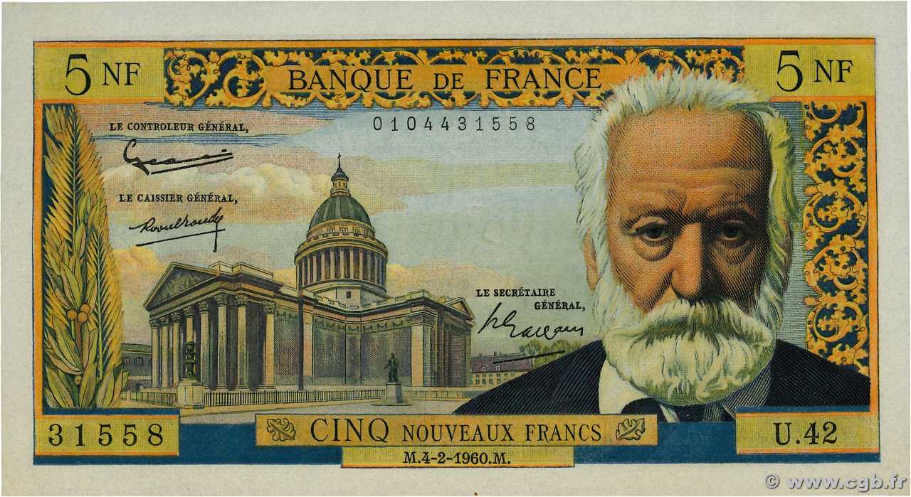 5 Nouveaux Francs VICTOR HUGO FRANCIA  1960 F.56.05 FDC