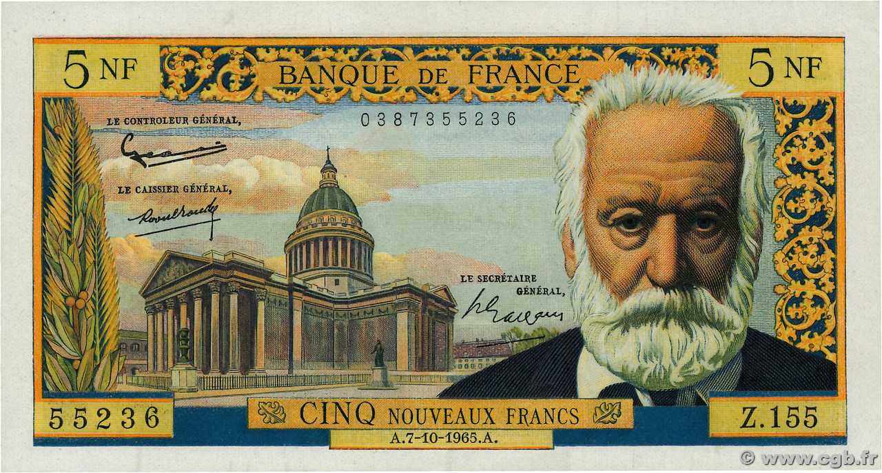 5 Nouveaux Francs VICTOR HUGO FRANCE  1965 F.56.20 AU+