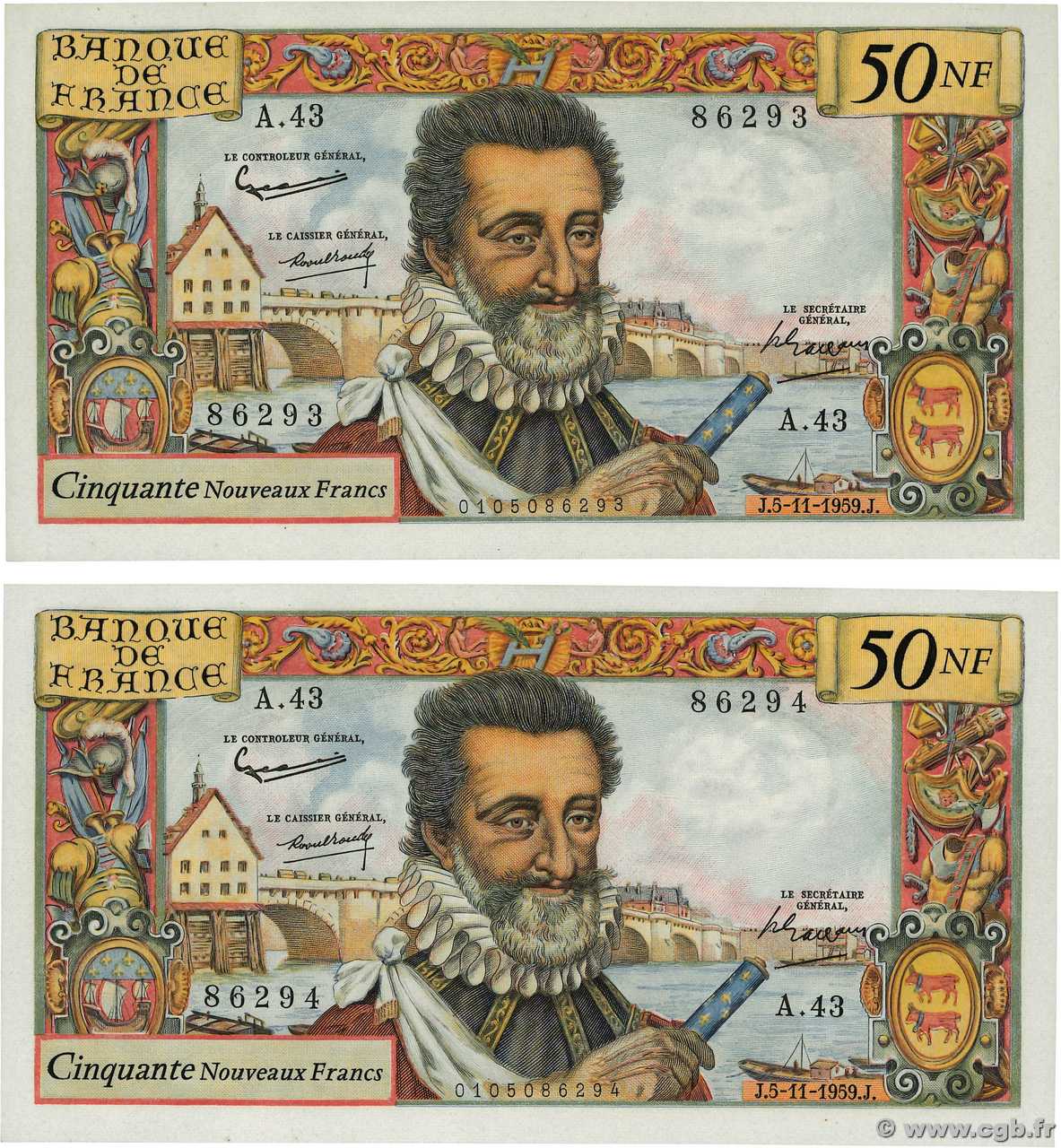 50 Nouveaux Francs HENRI IV Consécutifs FRANCE  1959 F.58.04 UNC-