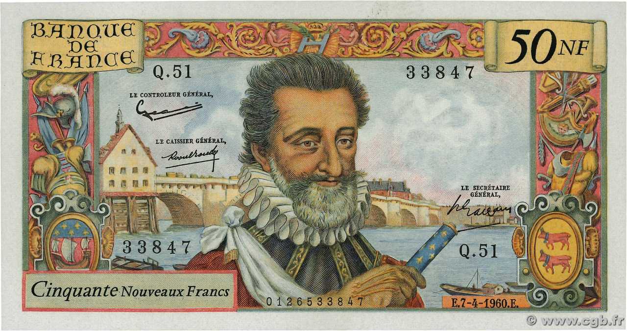 50 Nouveaux Francs HENRI IV FRANCE  1960 F.58.05 AU+