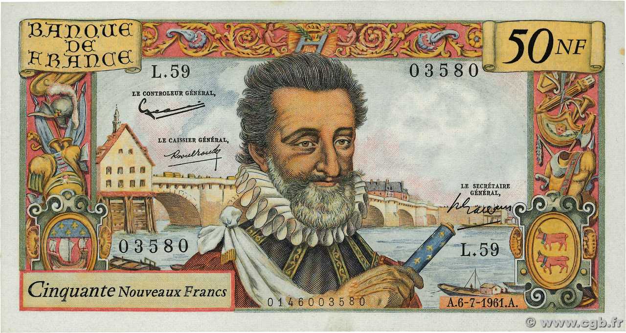 50 Nouveaux Francs HENRI IV FRANCE  1961 F.58.06 UNC-