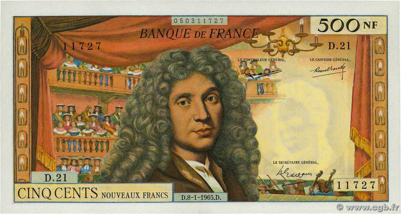 500 Nouveaux Francs MOLIÈRE FRANCE  1965 F.60.08 XF+