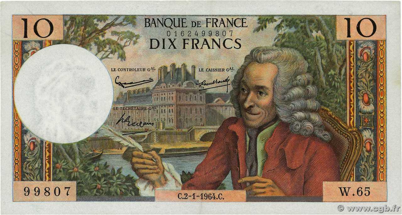 10 Francs VOLTAIRE FRANCE  1964 F.62.07 AU-