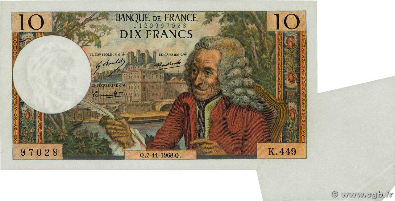 10 Francs VOLTAIRE Fauté FRANCE  1968 F.62.35 pr.NEUF