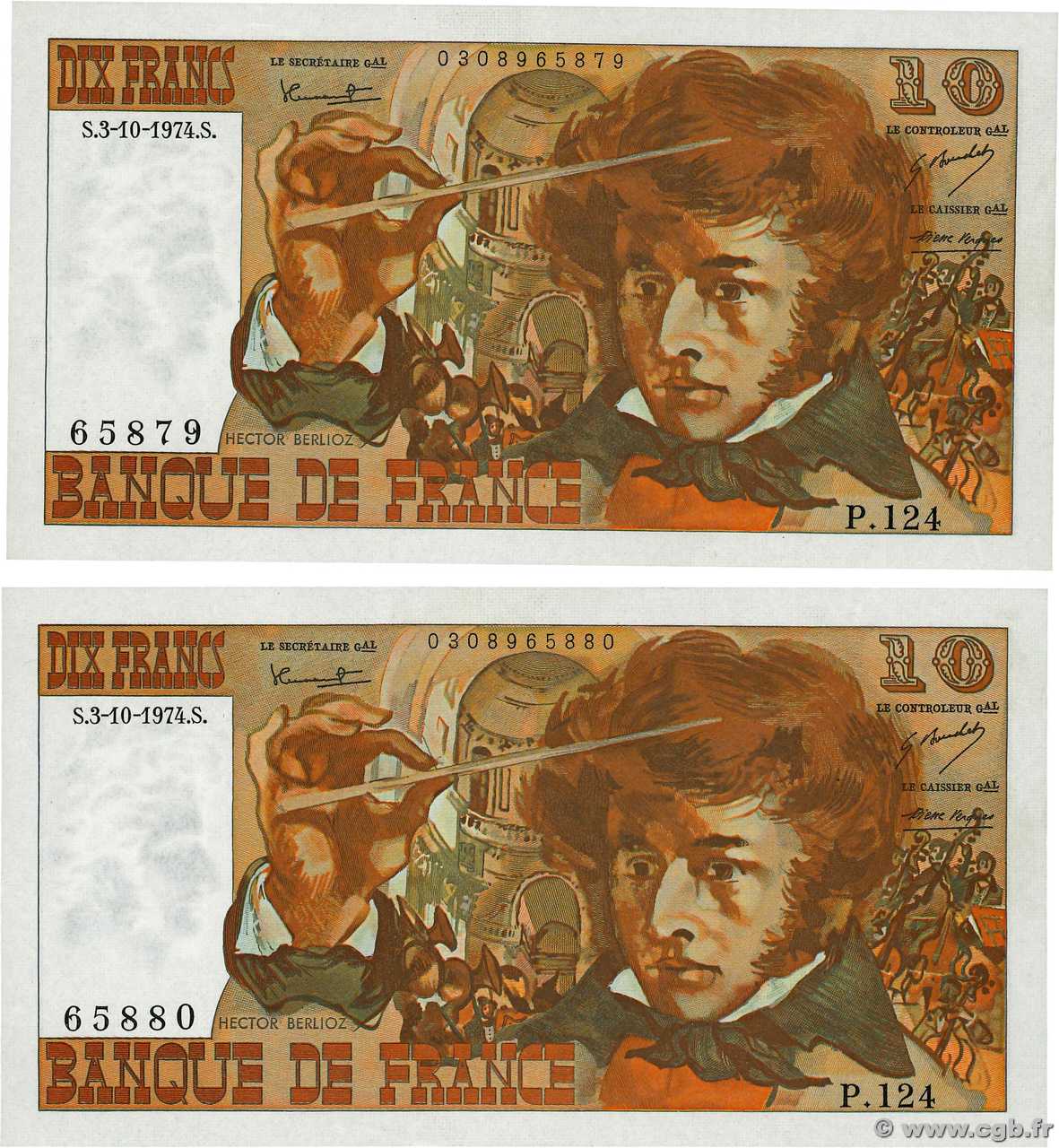 10 Francs BERLIOZ Consécutifs FRANCE  1974 F.63.07b UNC